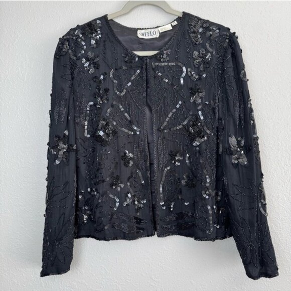 Swee Lo Jackets & Blazers - Swee Lo vintage 80s sequin beaded silk black jacket XL